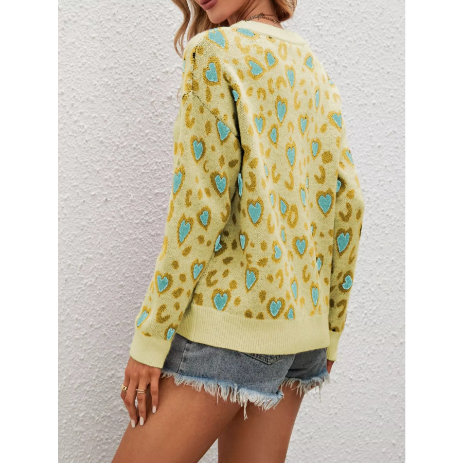 Heart Round Neck Long Sleeve Sweater Apparel and Accessories