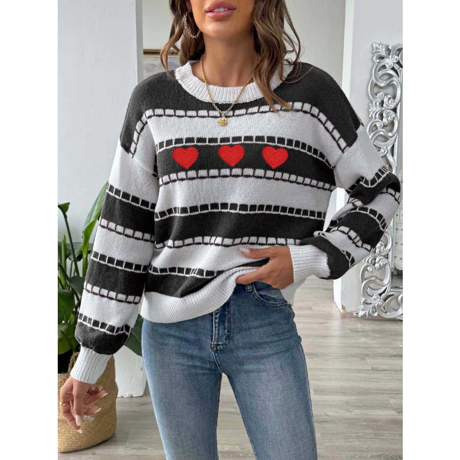 Heart Round Neck Long Sleeve Sweater Apparel and Accessories