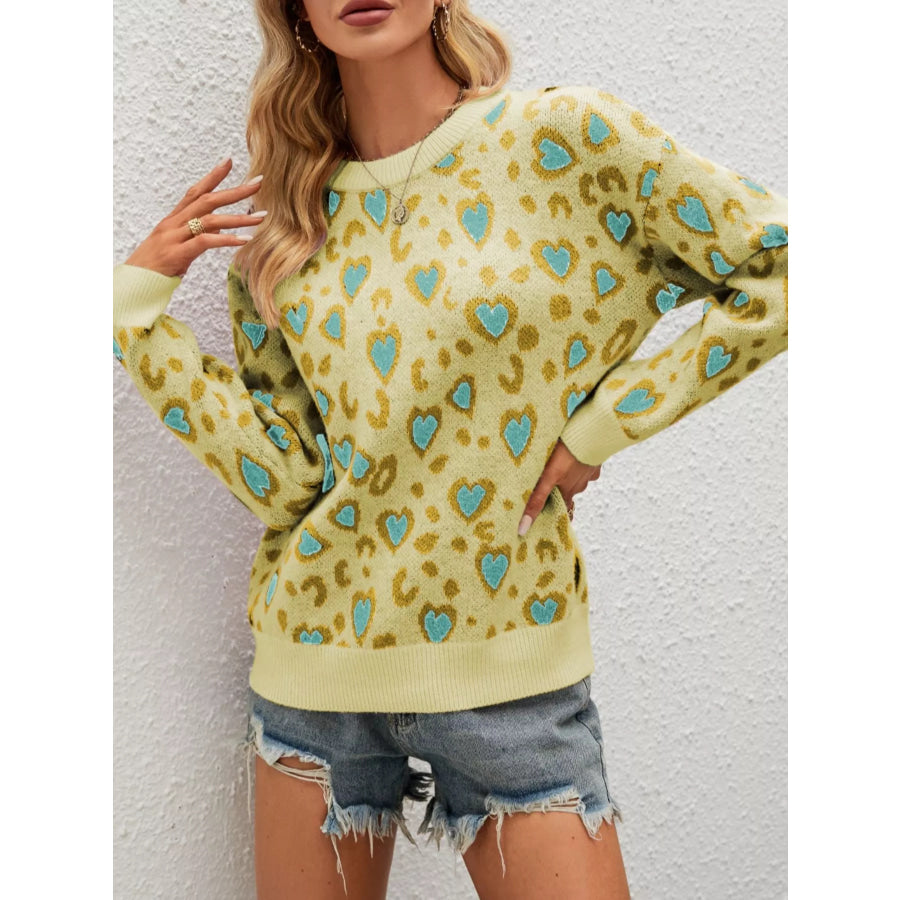 Heart Round Neck Long Sleeve Sweater Apparel and Accessories