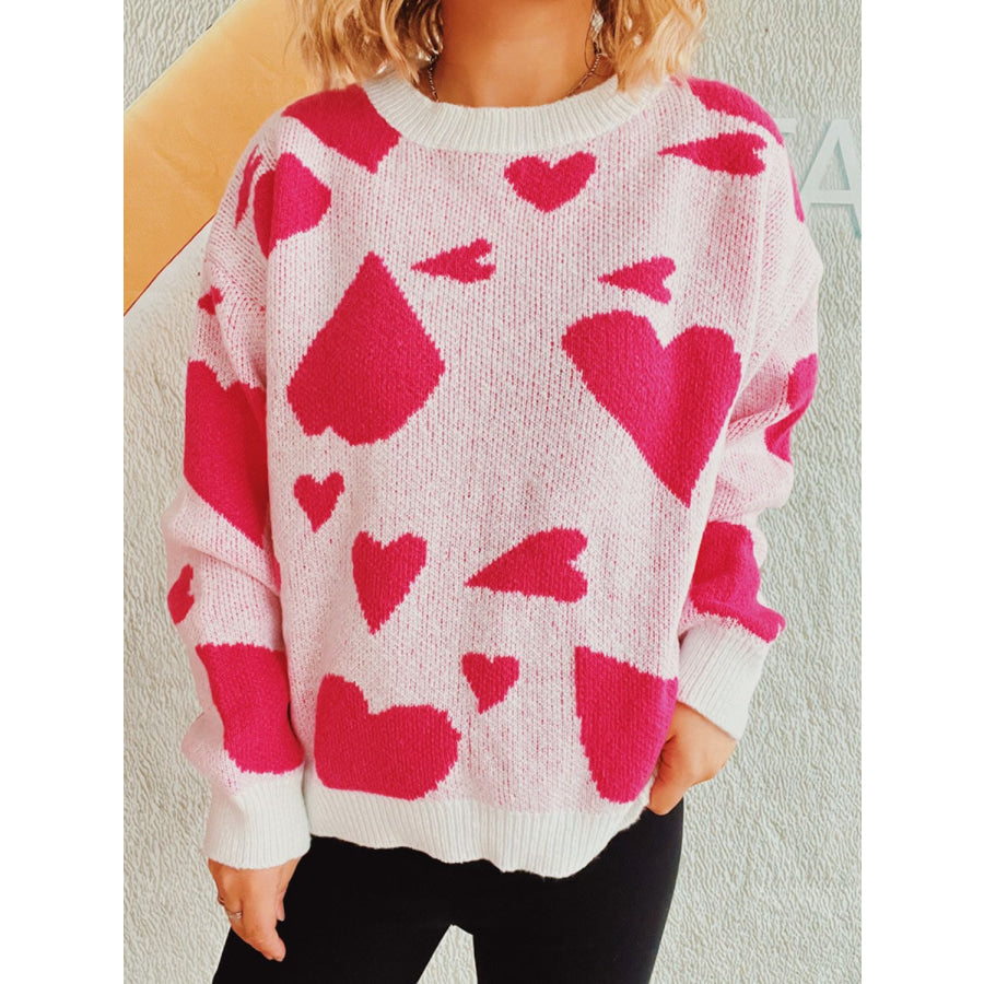 Heart Round Neck Long Sleeve Sweater Apparel and Accessories