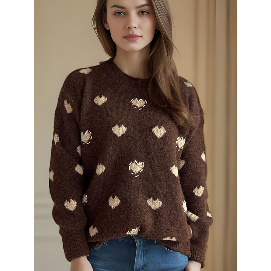 Heart Round Neck Long Sleeve Sweater Apparel and Accessories