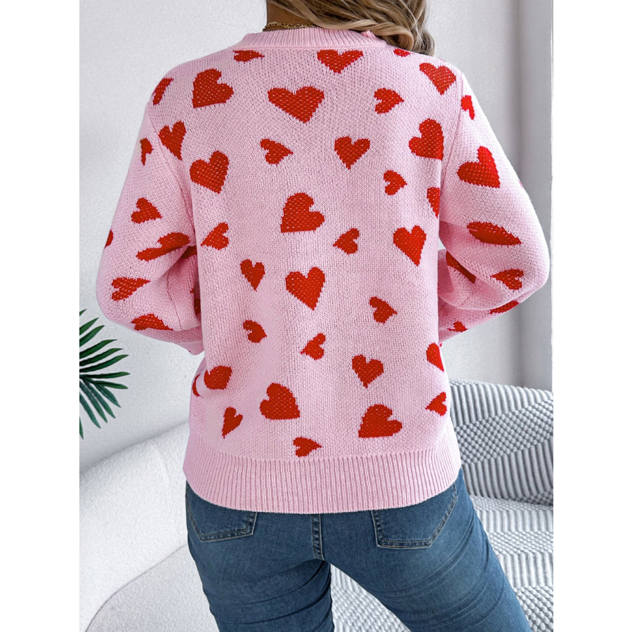 Heart Round Neck Long Sleeve Sweater Apparel and Accessories