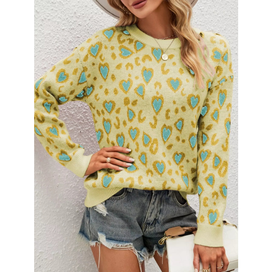 Heart Round Neck Long Sleeve Sweater Apparel and Accessories