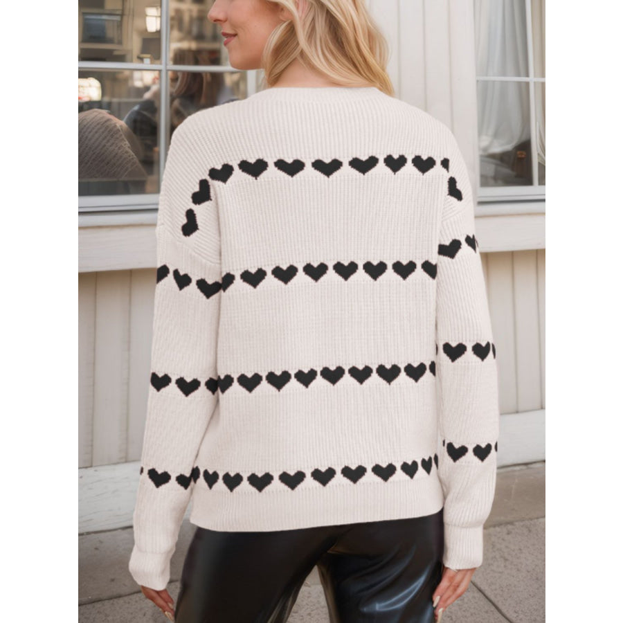 Heart Round Neck Long Sleeve Sweater Apparel and Accessories