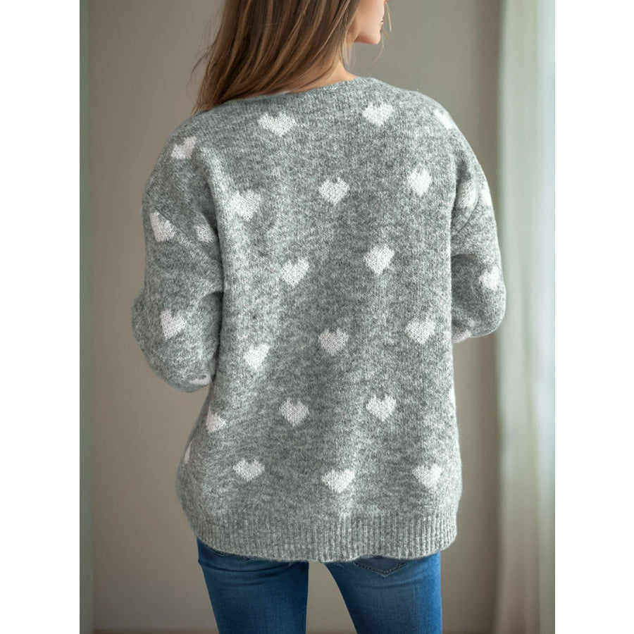 Heart Round Neck Long Sleeve Sweater Apparel and Accessories