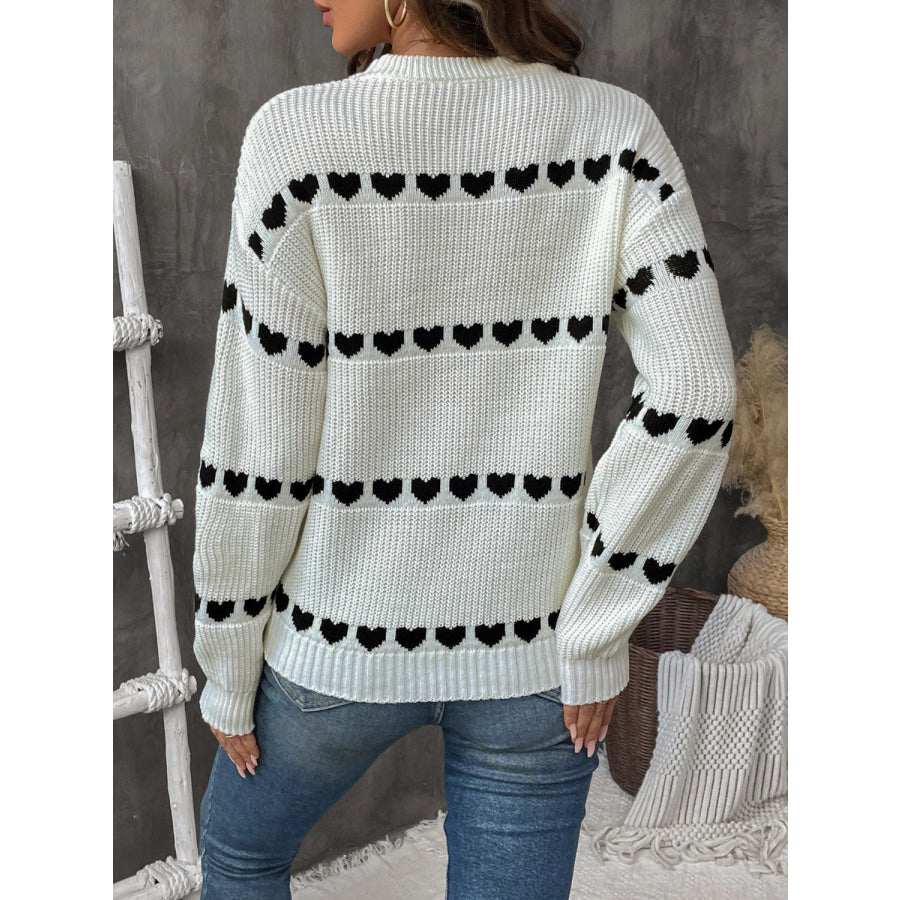 Heart Round Neck Long Sleeve Sweater Apparel and Accessories