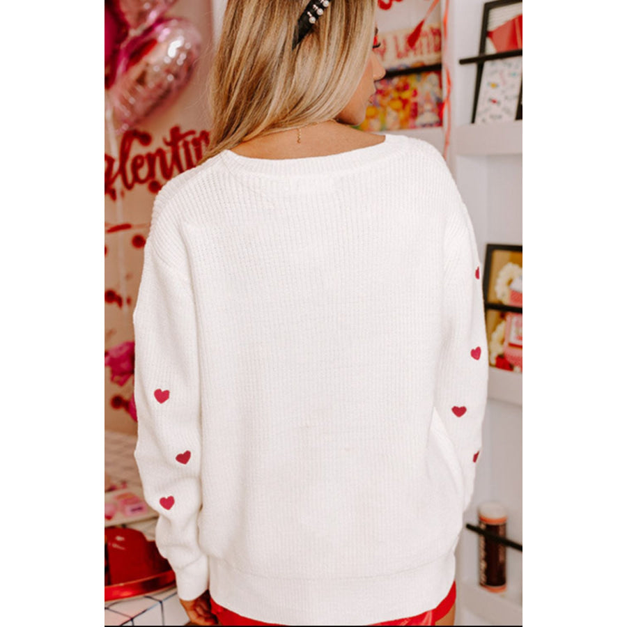 Heart Round Neck Long Sleeve Sweater Apparel and Accessories