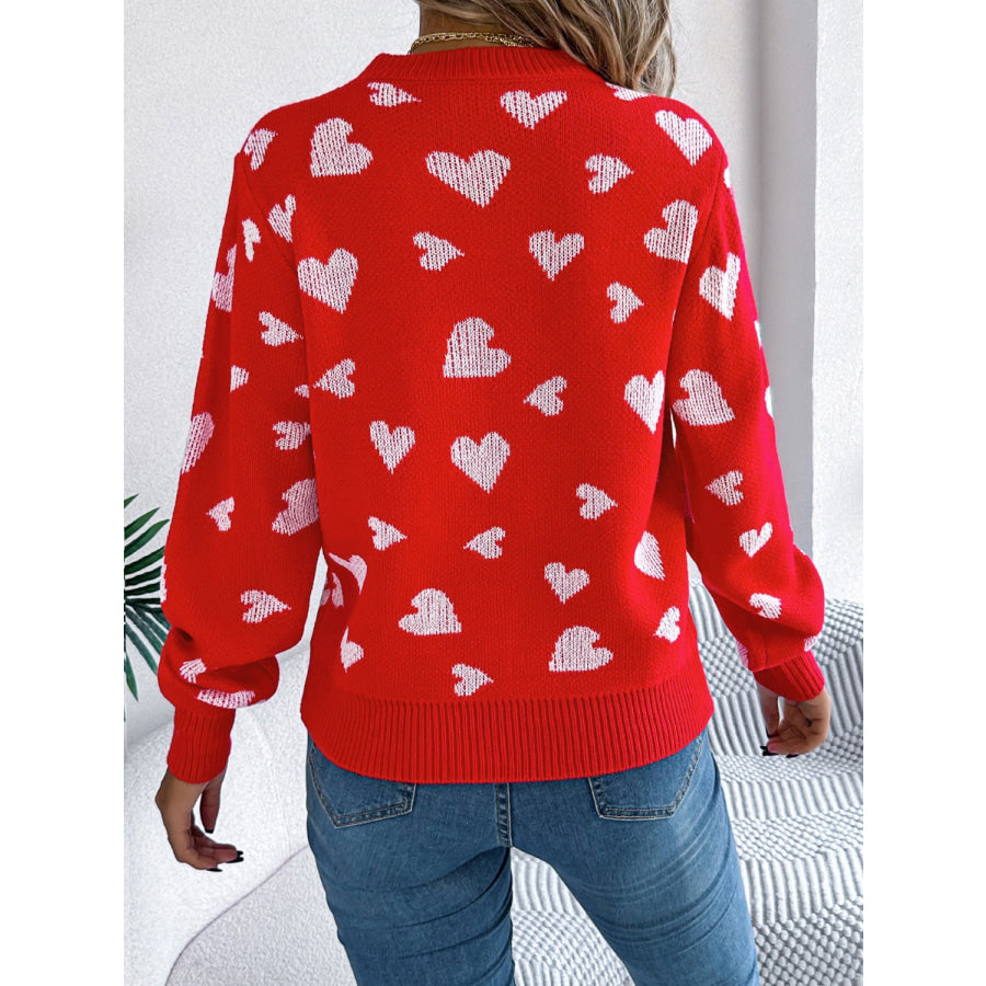 Heart Round Neck Long Sleeve Sweater Apparel and Accessories