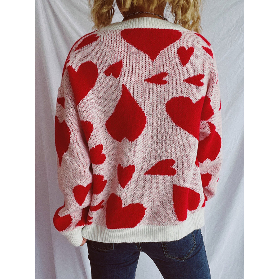 Heart Round Neck Long Sleeve Sweater Apparel and Accessories