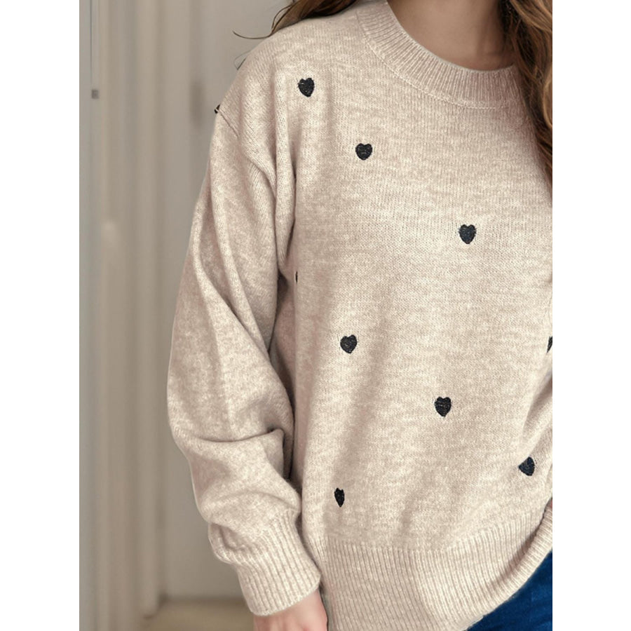 Heart Round Neck Long Sleeve Sweater Apparel and Accessories