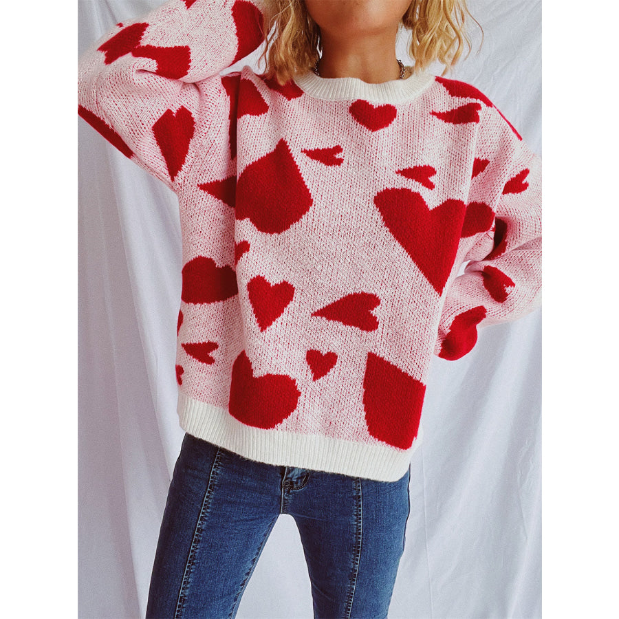 Heart Round Neck Long Sleeve Sweater Apparel and Accessories