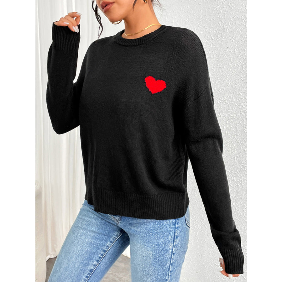 Heart Round Neck Long Sleeve Sweater Apparel and Accessories