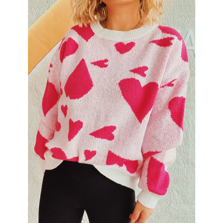 Heart Round Neck Long Sleeve Sweater Apparel and Accessories