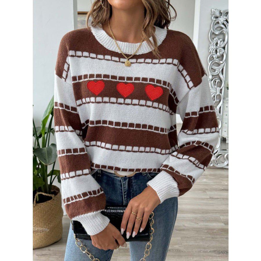 Heart Round Neck Long Sleeve Sweater Apparel and Accessories