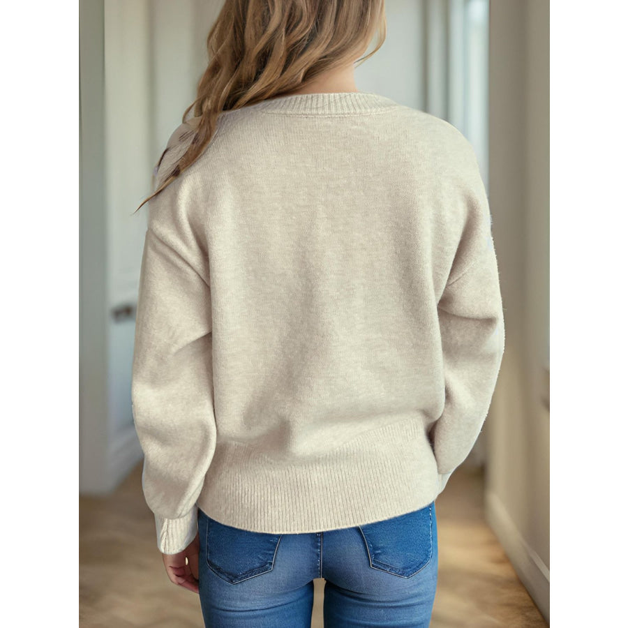 Heart Round Neck Long Sleeve Sweater Apparel and Accessories