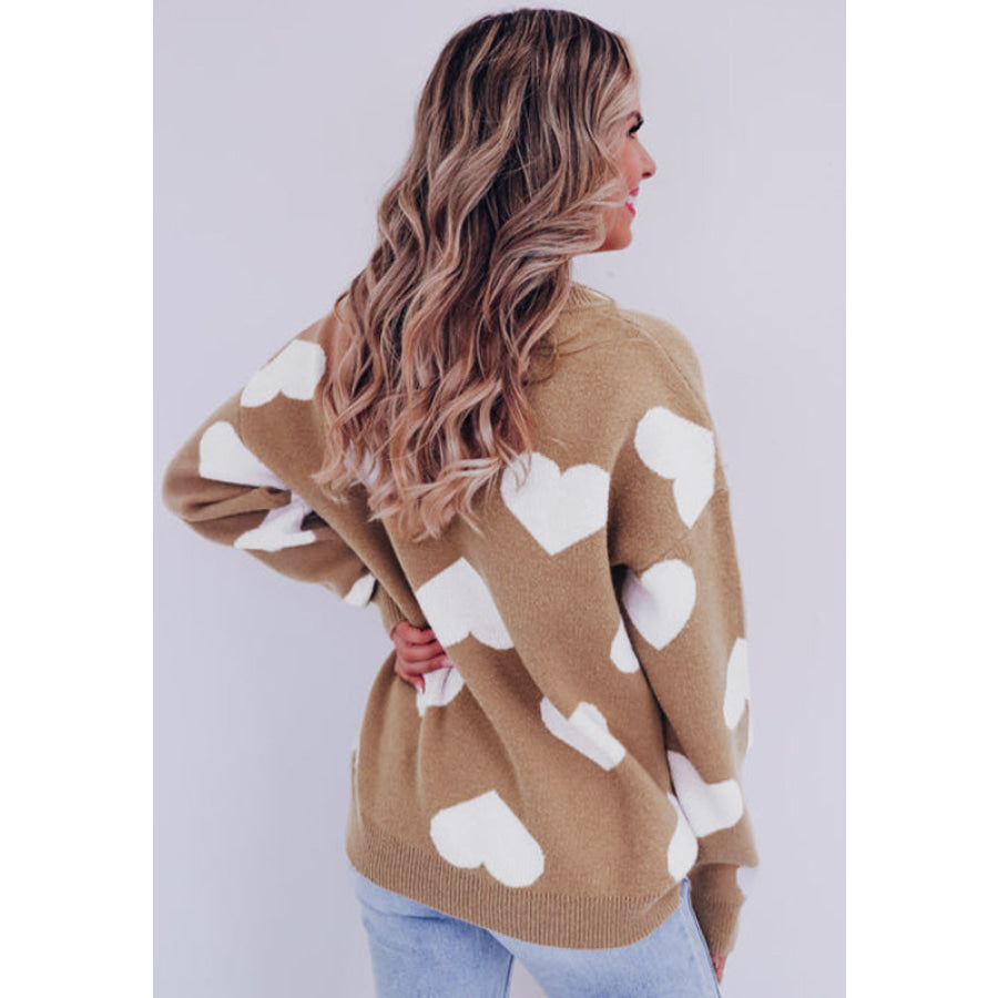 Heart Round Neck Long Sleeve Sweater Apparel and Accessories