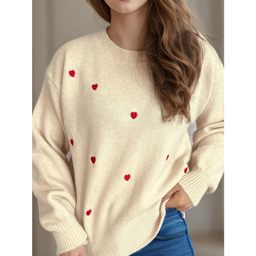 Heart Round Neck Long Sleeve Sweater Apparel and Accessories