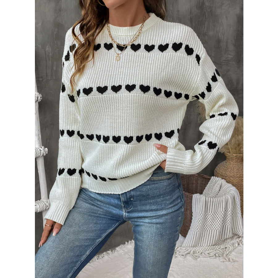 Heart Round Neck Long Sleeve Sweater Apparel and Accessories