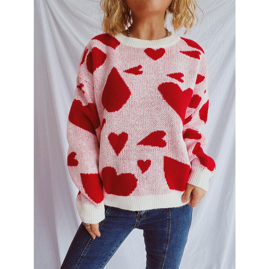 Heart Round Neck Long Sleeve Sweater Apparel and Accessories