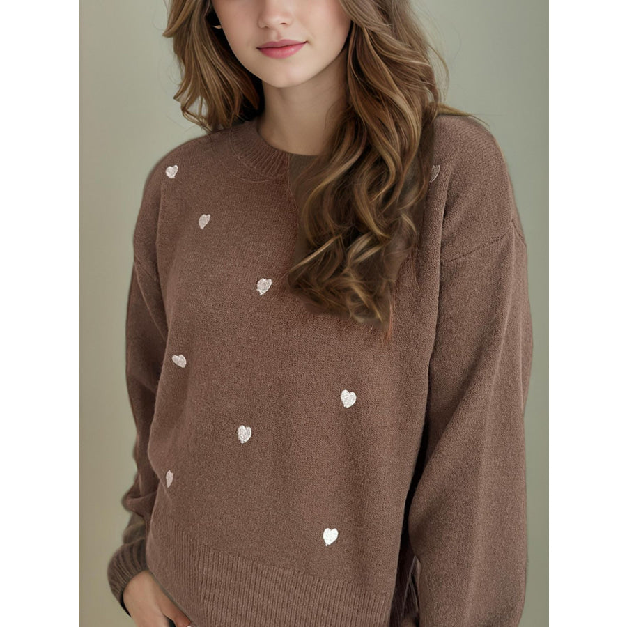 Heart Round Neck Long Sleeve Sweater Apparel and Accessories