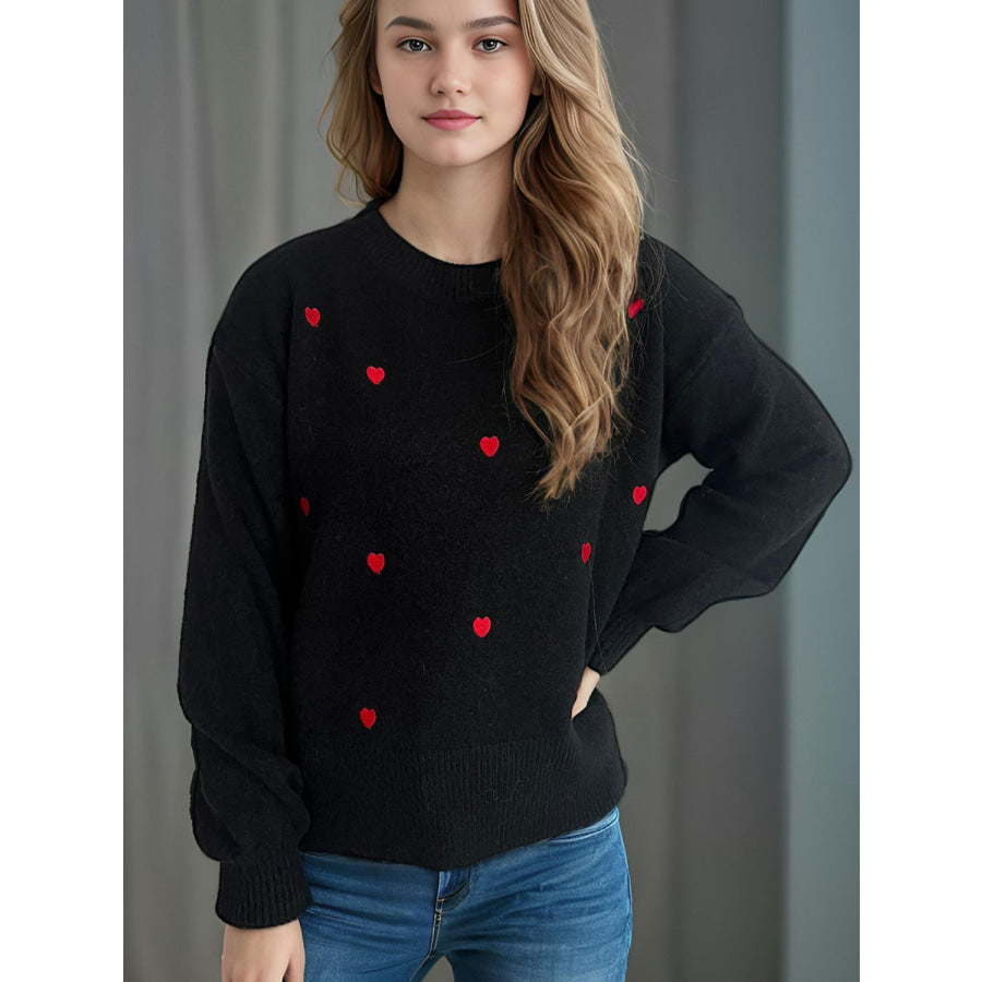 Heart Round Neck Long Sleeve Sweater Black / One Size Apparel and Accessories