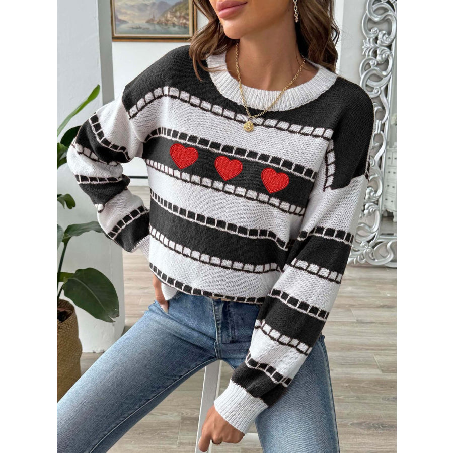 Heart Round Neck Long Sleeve Sweater Black / S Apparel and Accessories