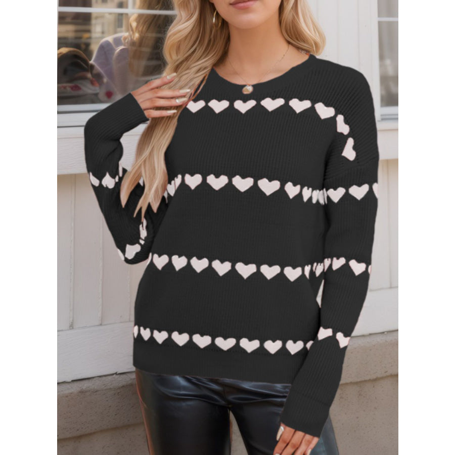 Heart Round Neck Long Sleeve Sweater Black / S Apparel and Accessories