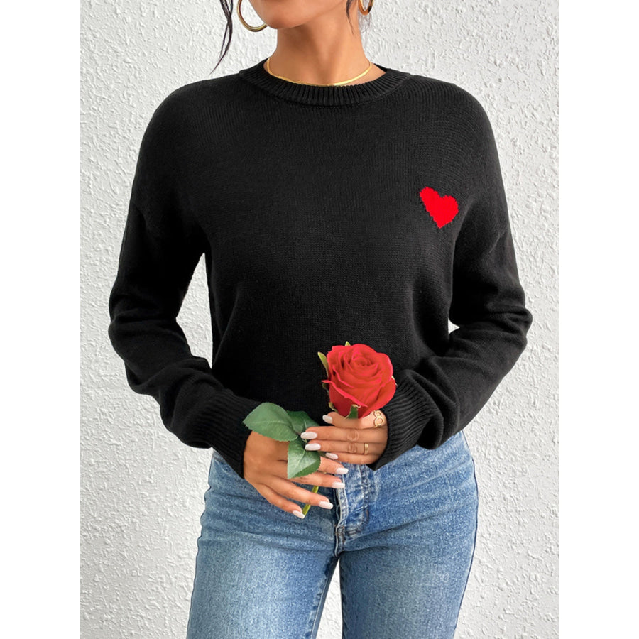 Heart Round Neck Long Sleeve Sweater Black / S Apparel and Accessories