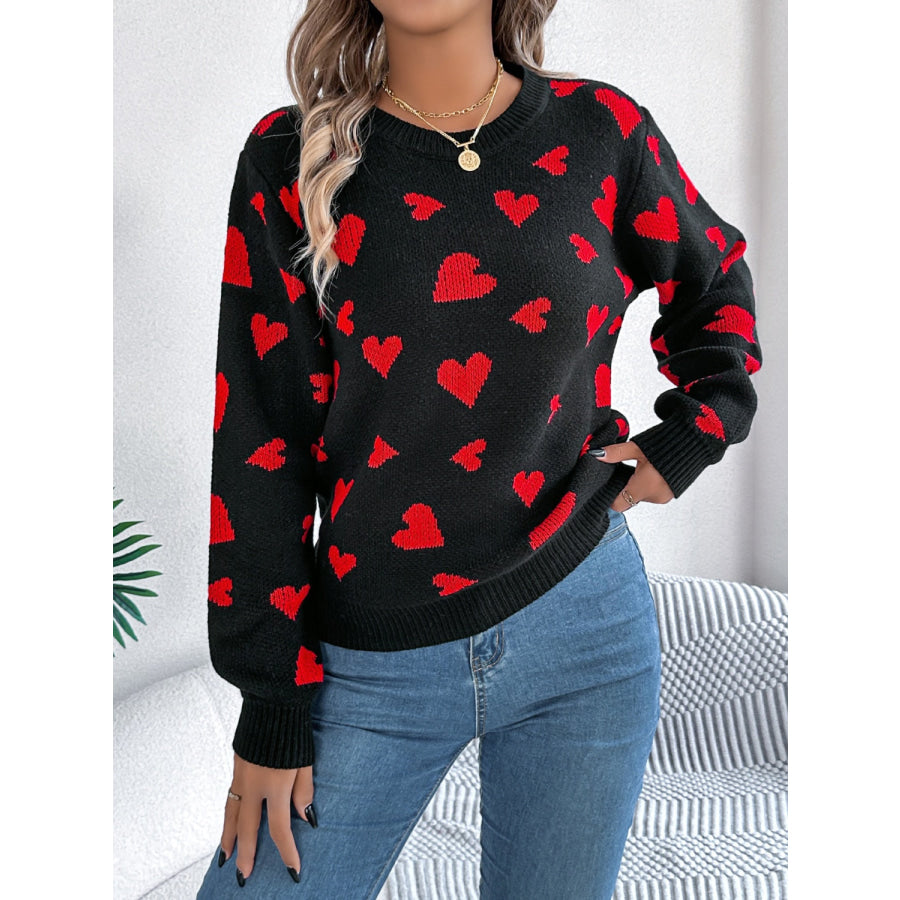 Heart Round Neck Long Sleeve Sweater Black / S Apparel and Accessories