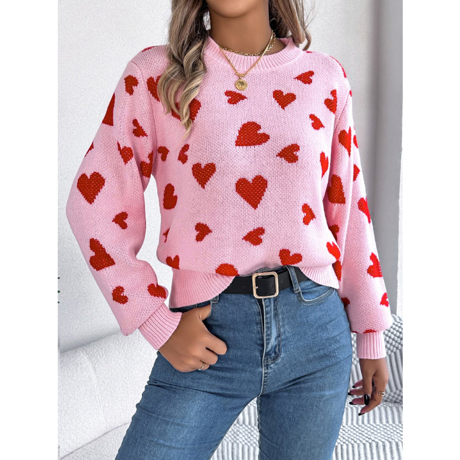 Heart Round Neck Long Sleeve Sweater Blush Pink / S Apparel and Accessories