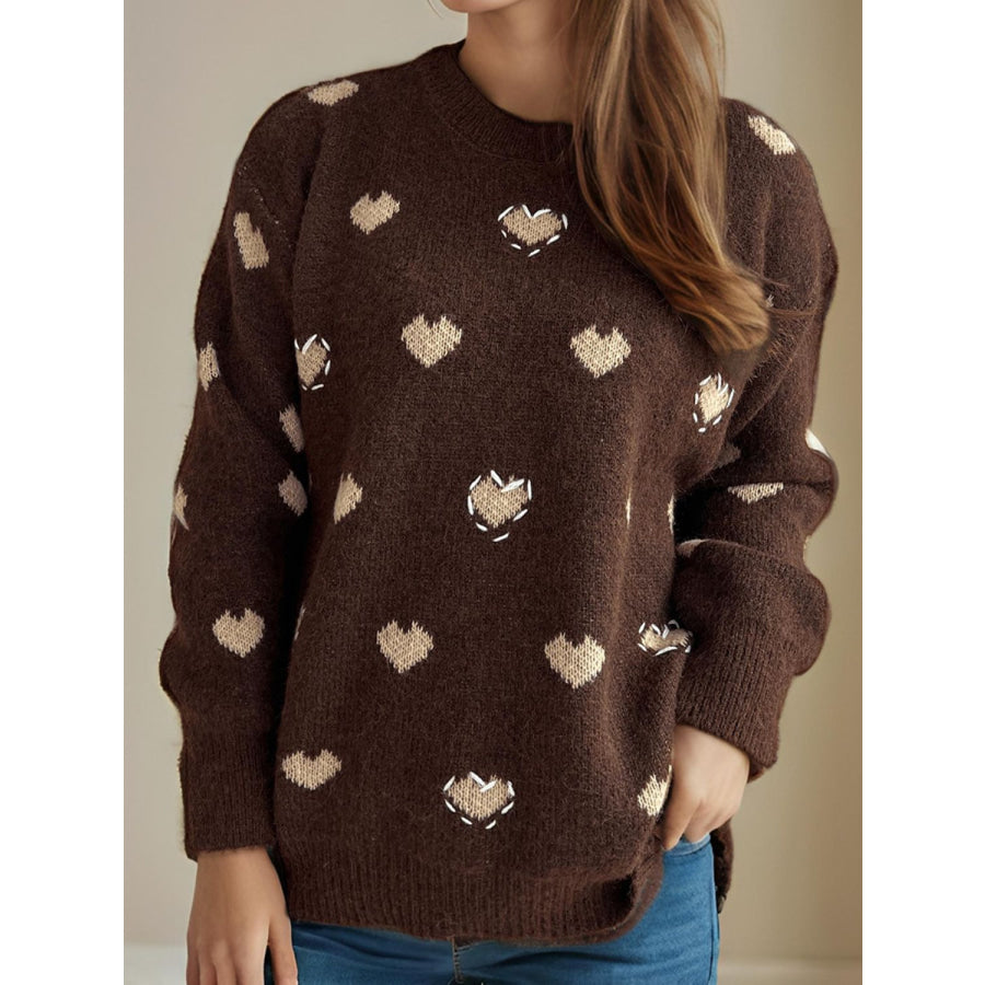 Heart Round Neck Long Sleeve Sweater Brown / One Size Apparel and Accessories