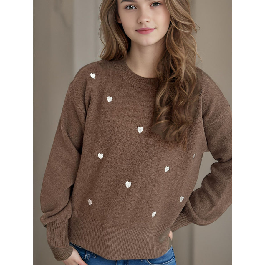 Heart Round Neck Long Sleeve Sweater Brown / One Size Apparel and Accessories