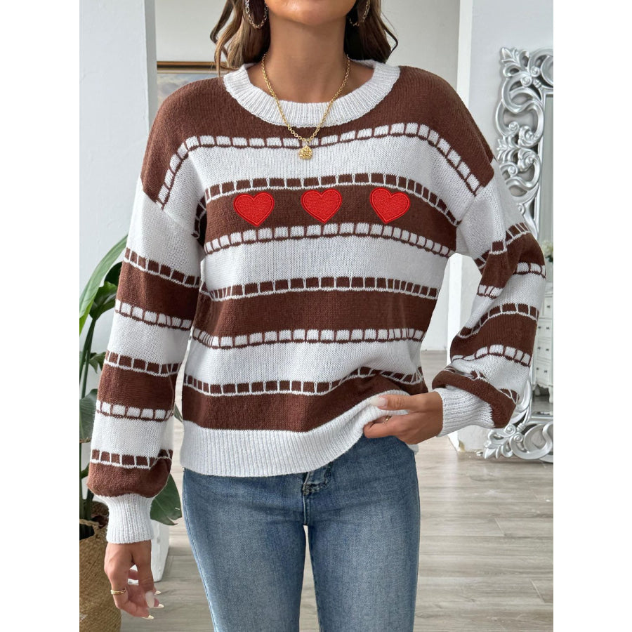 Heart Round Neck Long Sleeve Sweater Brown / S Apparel and Accessories