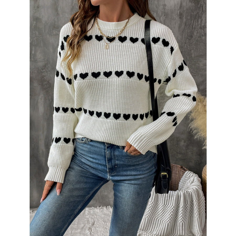 Heart Round Neck Long Sleeve Sweater Cream / S Apparel and Accessories