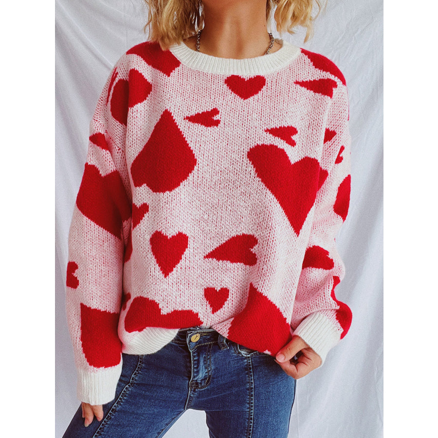 Heart Round Neck Long Sleeve Sweater Deep Red / S Apparel and Accessories