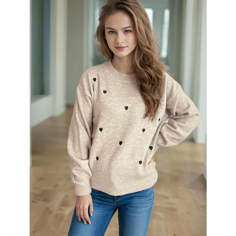 Heart Round Neck Long Sleeve Sweater Dust Storm / One Size Apparel and Accessories