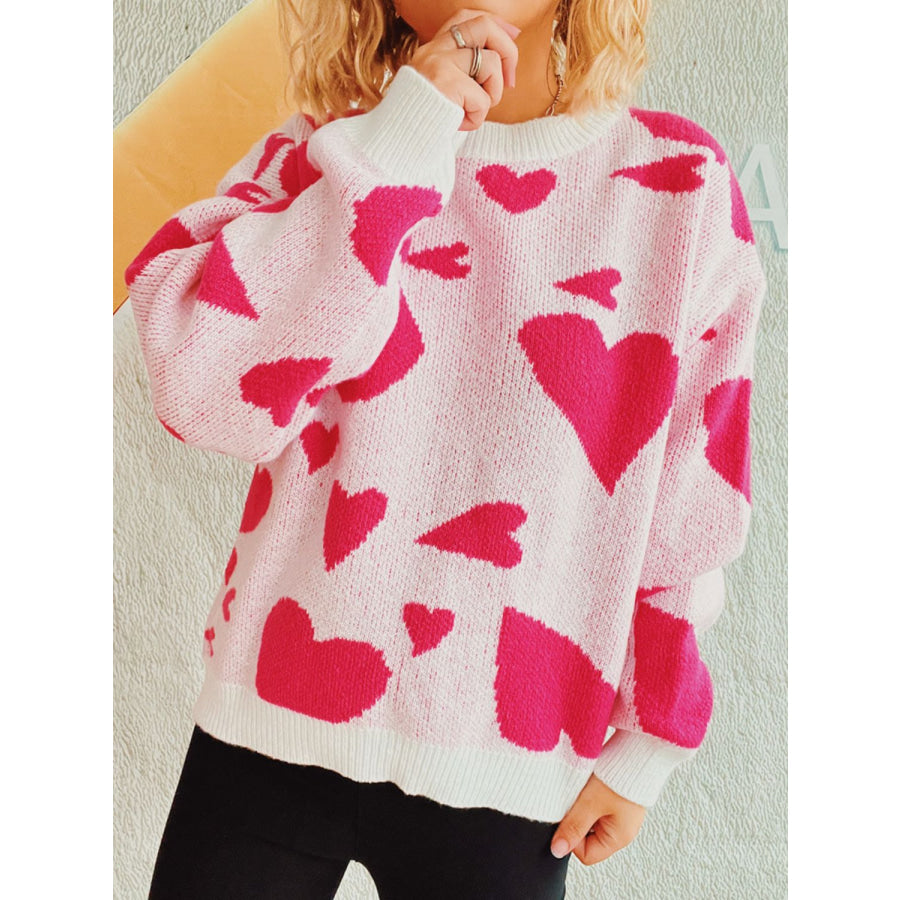 Heart Round Neck Long Sleeve Sweater Hot Pink / S Apparel and Accessories