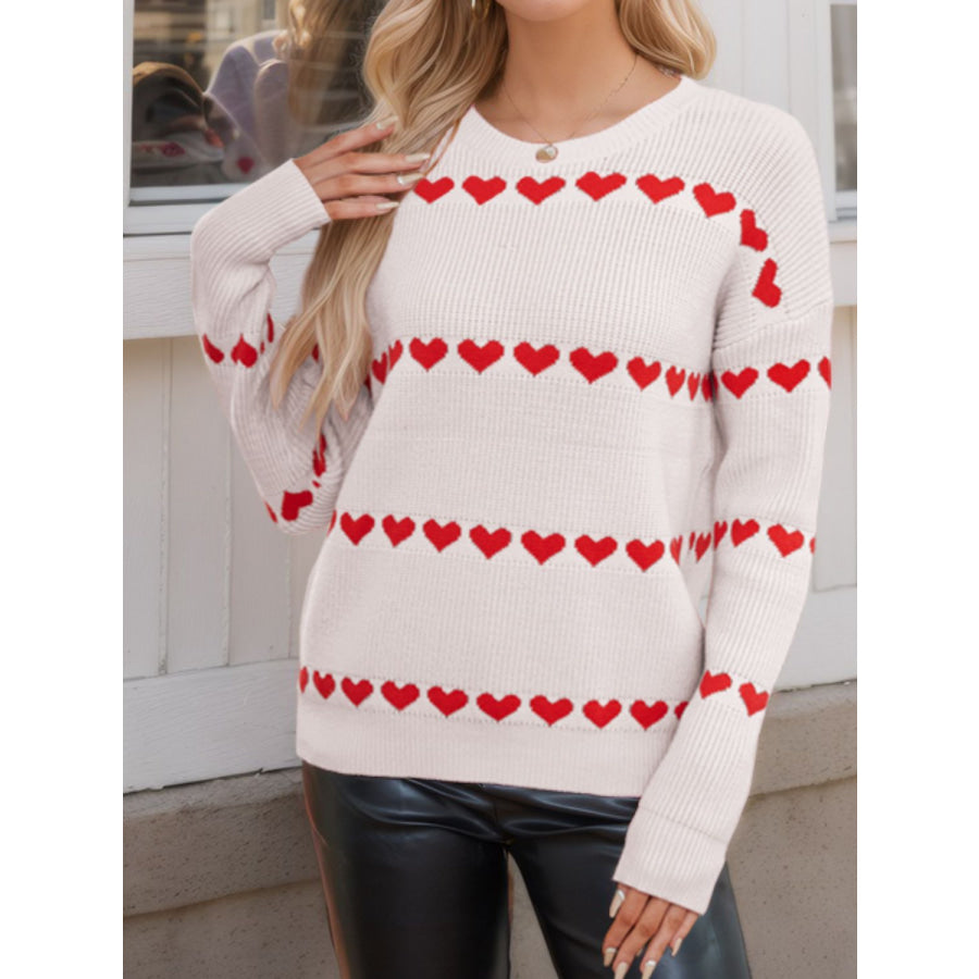 Heart Round Neck Long Sleeve Sweater Ivory / S Apparel and Accessories