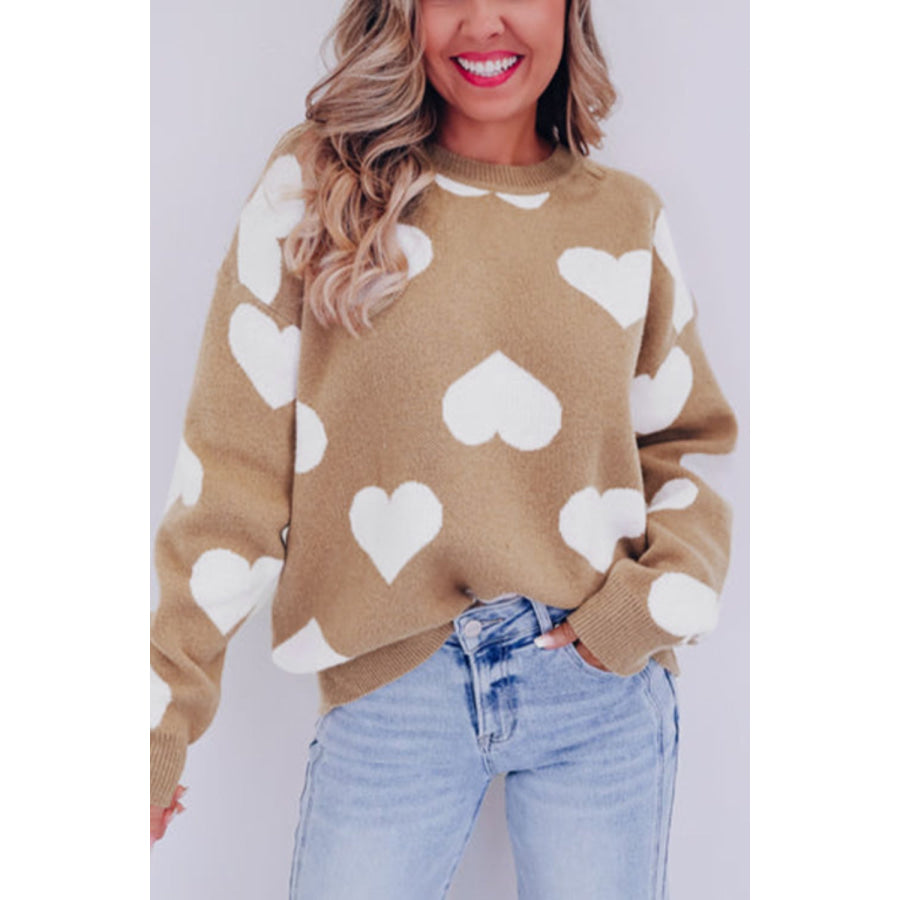 Heart Round Neck Long Sleeve Sweater Khaki / S Apparel and Accessories