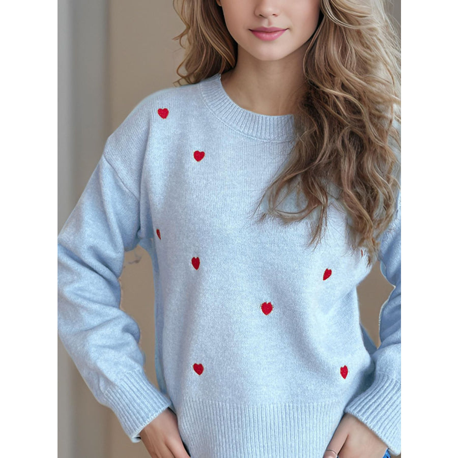 Heart Round Neck Long Sleeve Sweater Light Blue / One Size Apparel and Accessories