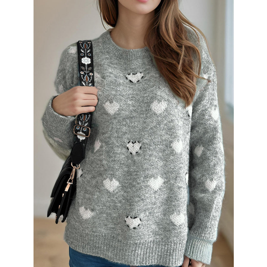 Heart Round Neck Long Sleeve Sweater Light Gray / One Size Apparel and Accessories