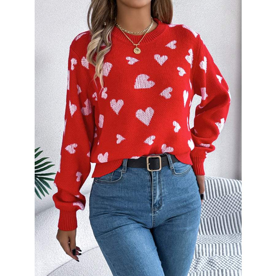 Heart Round Neck Long Sleeve Sweater Orange-Red / S Apparel and Accessories