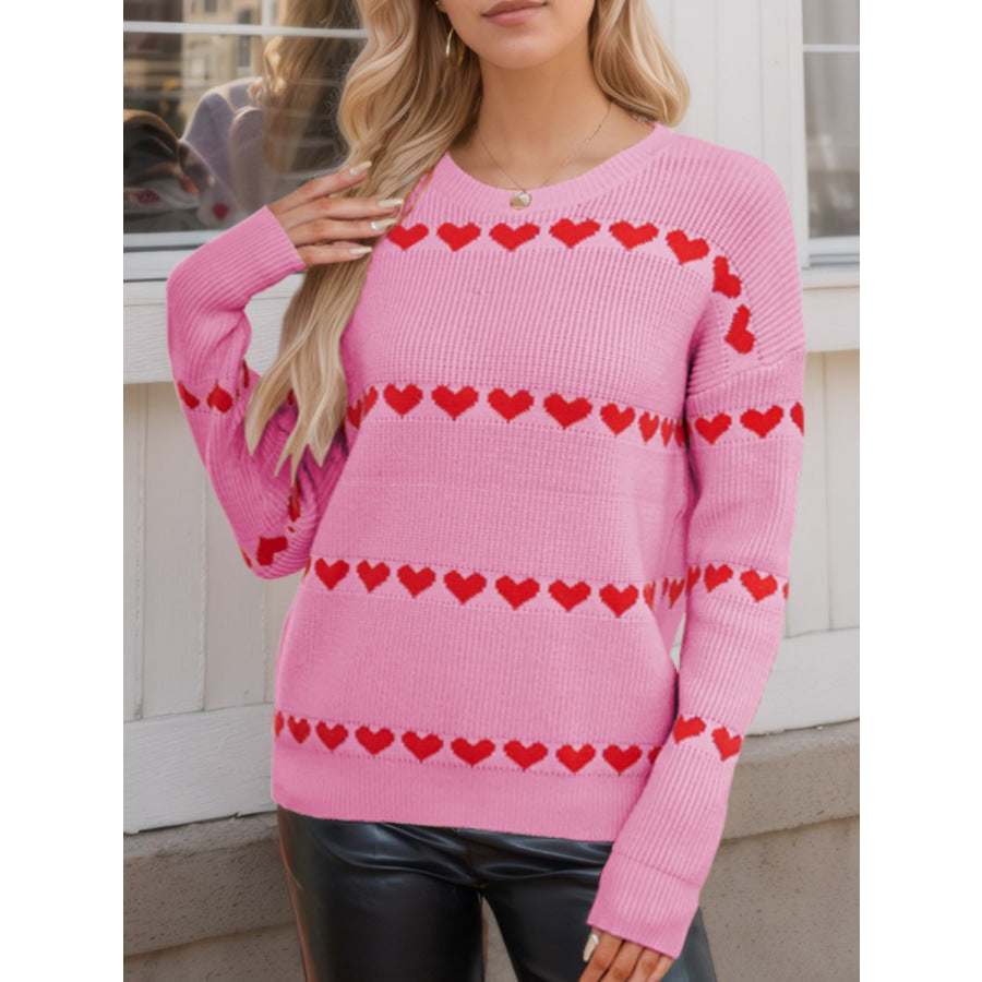 Heart Round Neck Long Sleeve Sweater Pink / S Apparel and Accessories