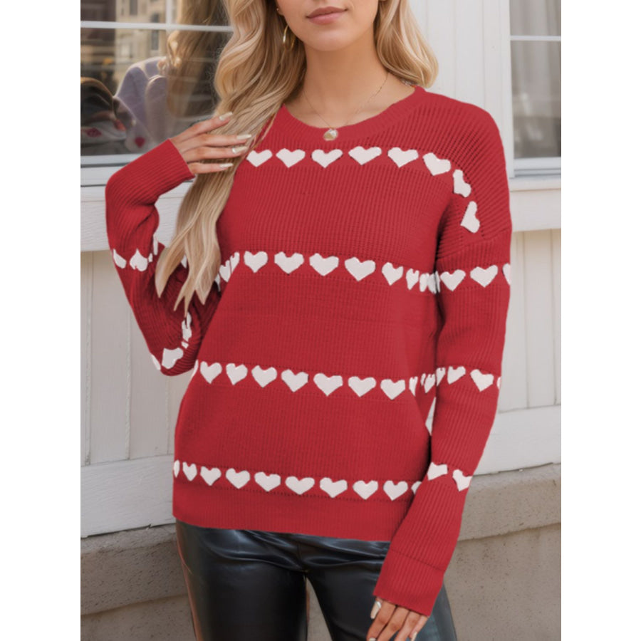 Heart Round Neck Long Sleeve Sweater Scarlet / S Apparel and Accessories