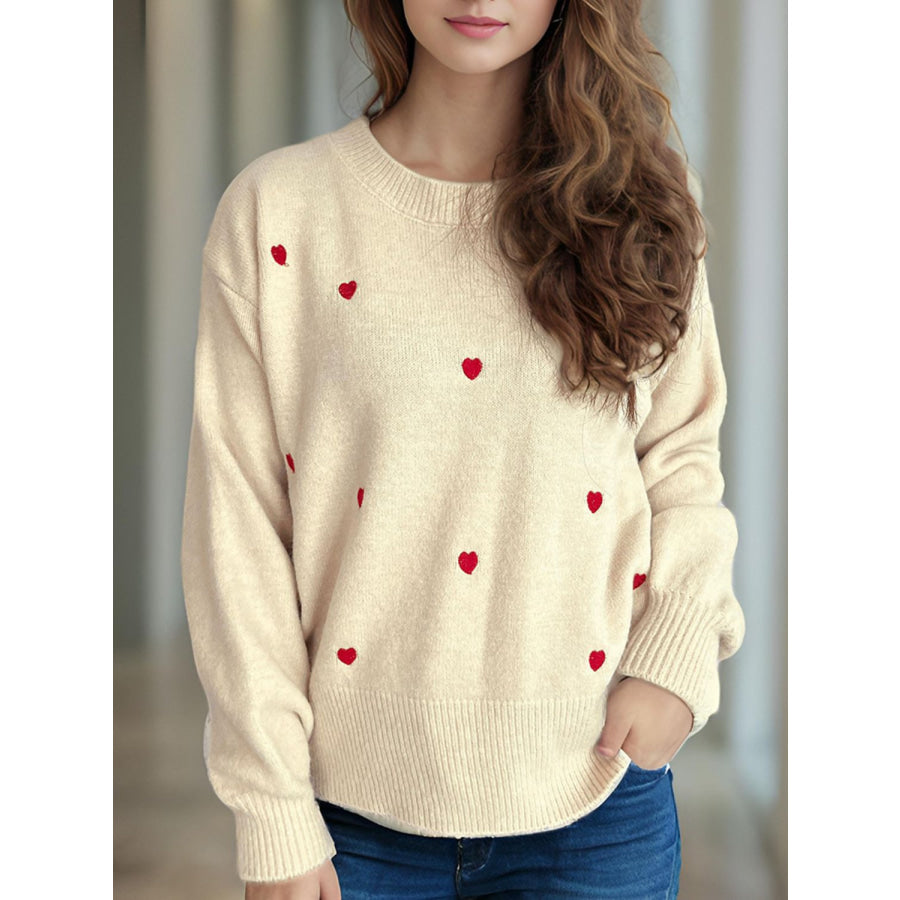 Heart Round Neck Long Sleeve Sweater Tan / One Size Apparel and Accessories