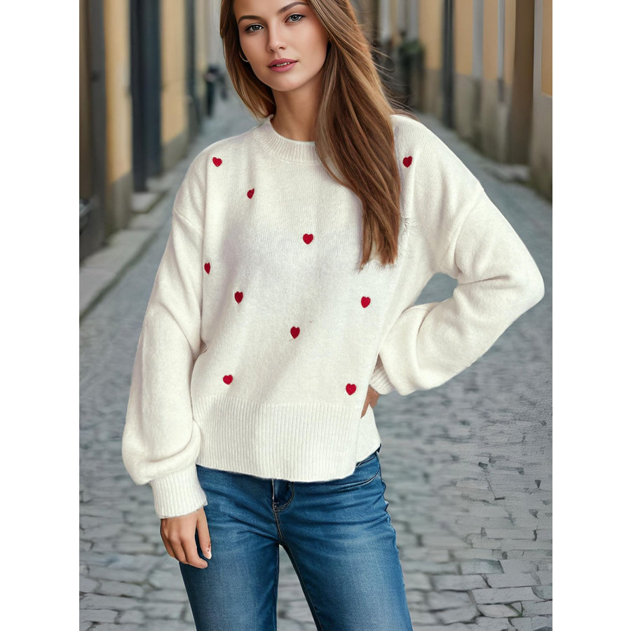 Heart Round Neck Long Sleeve Sweater White / One Size Apparel and Accessories