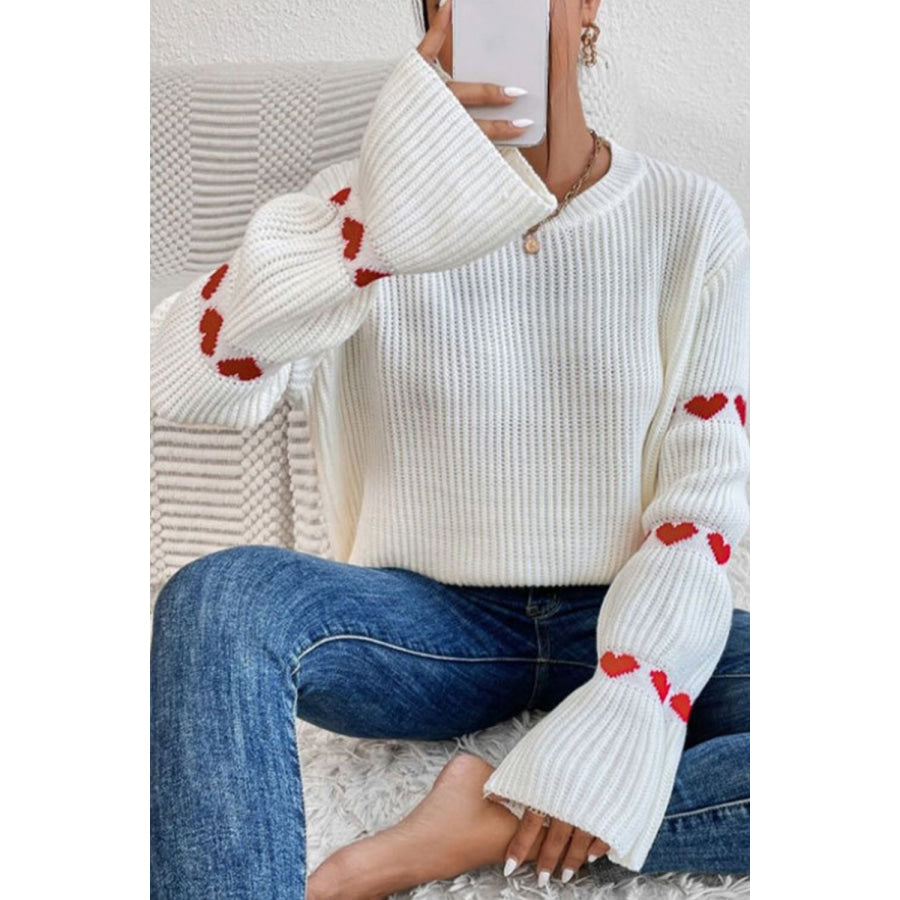 Heart Round Neck Long Sleeve Sweater White / S Apparel and Accessories