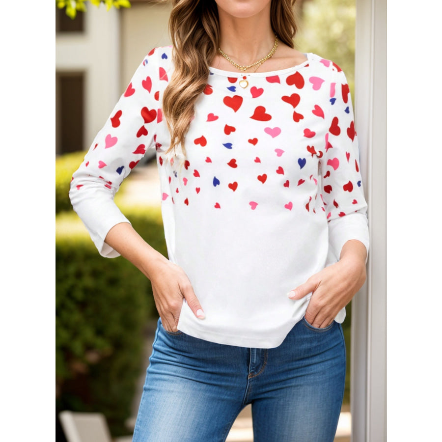 Heart Round Neck Long Sleeve T-Shirt White / S Apparel and Accessories