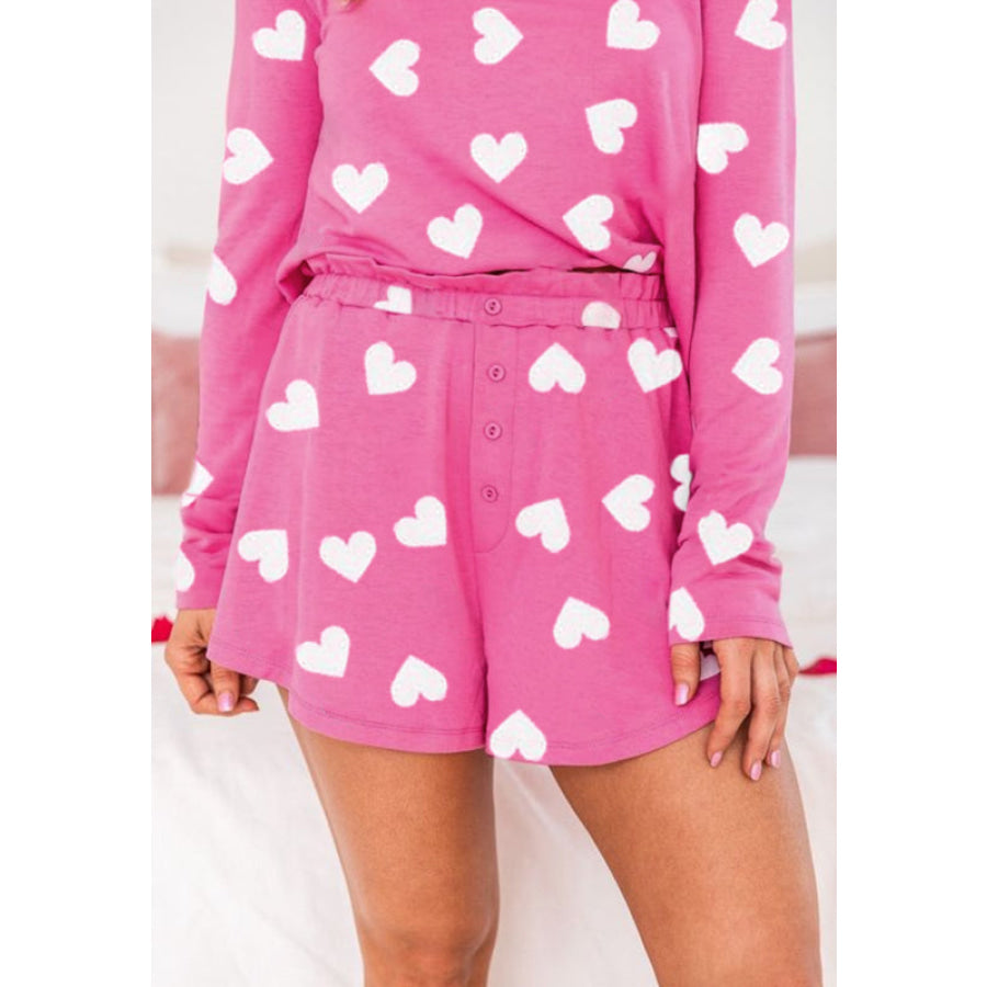 Heart Round Neck Long Sleeve Top and Elastic Waist Shorts Set Apparel and Accessories