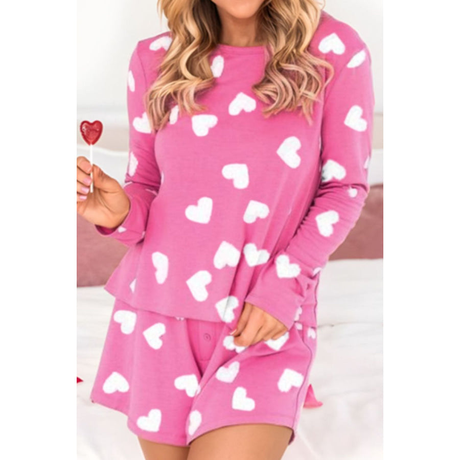 Heart Round Neck Long Sleeve Top and Elastic Waist Shorts Set Hot Pink / S Apparel and Accessories